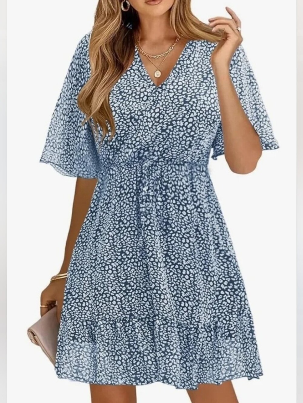 Blue Floral Faux-Wrap Midi Dress with Ruffle Hem
